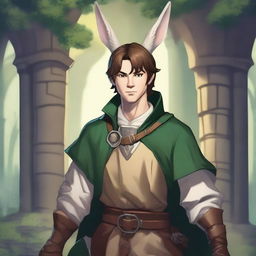 A male character with short brown hair and rabbit ears on his head, set in a Dungeons and Dragons fantasy world