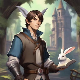 A male character with short brown hair and rabbit ears on his head, set in a Dungeons and Dragons fantasy world