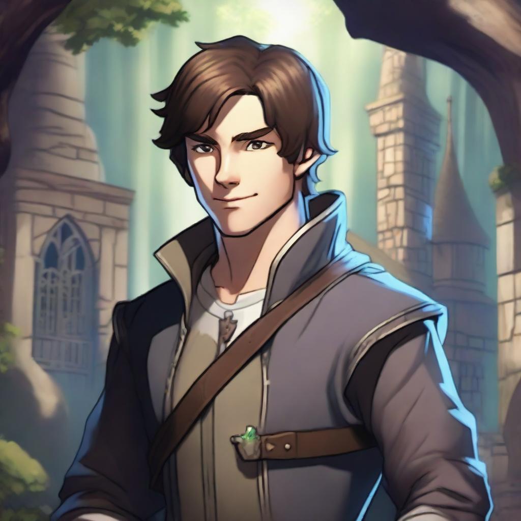 A male character with short brown hair and rabbit ears on his head, set in a Dungeons and Dragons fantasy world