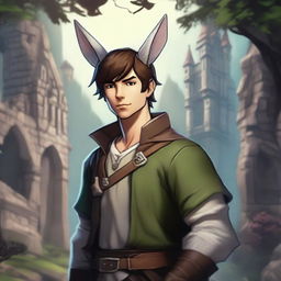 A male character with short brown hair and rabbit ears on his head, set in a Dungeons and Dragons fantasy world