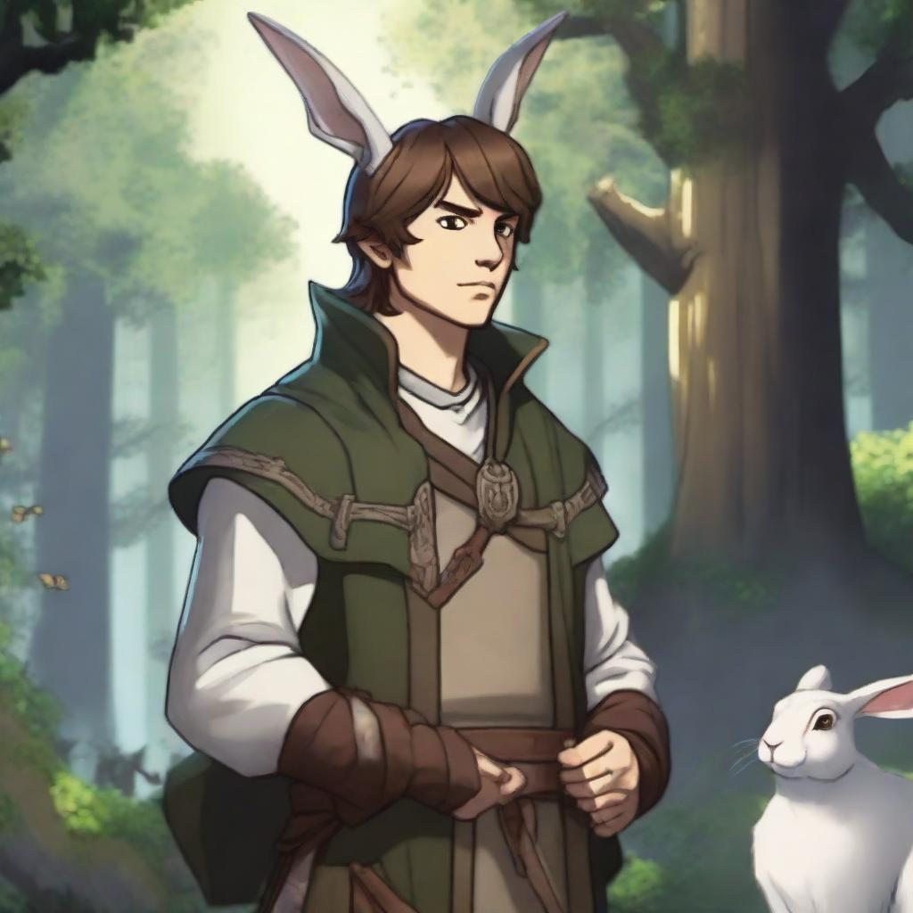 A male character with short brown hair and rabbit ears on his head, set in a Dungeons and Dragons fantasy world