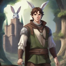 A male character with short brown hair and rabbit ears on his head, set in a Dungeons and Dragons fantasy world