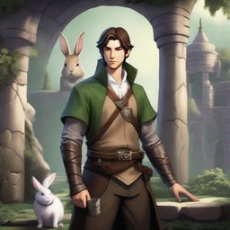 A male character with short brown hair and rabbit ears on his head, set in a Dungeons and Dragons fantasy world