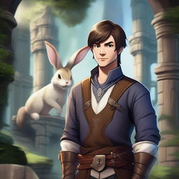 A male character with short brown hair and rabbit ears on his head, set in a Dungeons and Dragons fantasy world