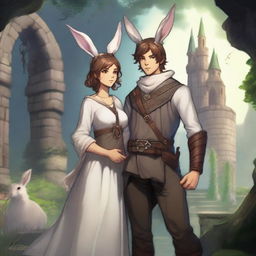 A male character with short brown hair and rabbit ears on his head, standing alongside a beautiful rabbit goddess in a Dungeons and Dragons fantasy world