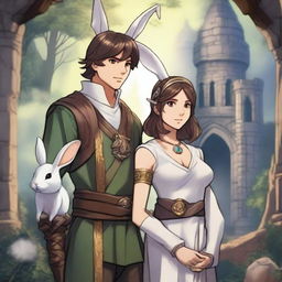 A male character with short brown hair and rabbit ears on his head, standing alongside a beautiful rabbit goddess in a Dungeons and Dragons fantasy world