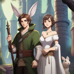 A male character with short brown hair and rabbit ears on his head, standing alongside a beautiful rabbit goddess in a Dungeons and Dragons fantasy world