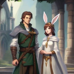 A male character with short brown hair and rabbit ears on his head, standing alongside a beautiful rabbit goddess in a Dungeons and Dragons fantasy world