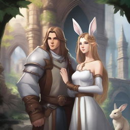 A male character with short brown hair and rabbit ears on his head, standing alongside a beautiful rabbit goddess with long blonde hair in a Dungeons and Dragons fantasy world