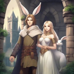 A male character with short brown hair and rabbit ears on his head, standing alongside a beautiful rabbit goddess with long blonde hair in a Dungeons and Dragons fantasy world