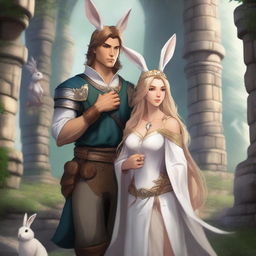 A male character with short brown hair and rabbit ears on his head, standing alongside a beautiful rabbit goddess with long blonde hair in a Dungeons and Dragons fantasy world