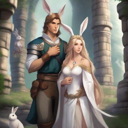 A male character with short brown hair and rabbit ears on his head, standing alongside a beautiful rabbit goddess with long blonde hair in a Dungeons and Dragons fantasy world