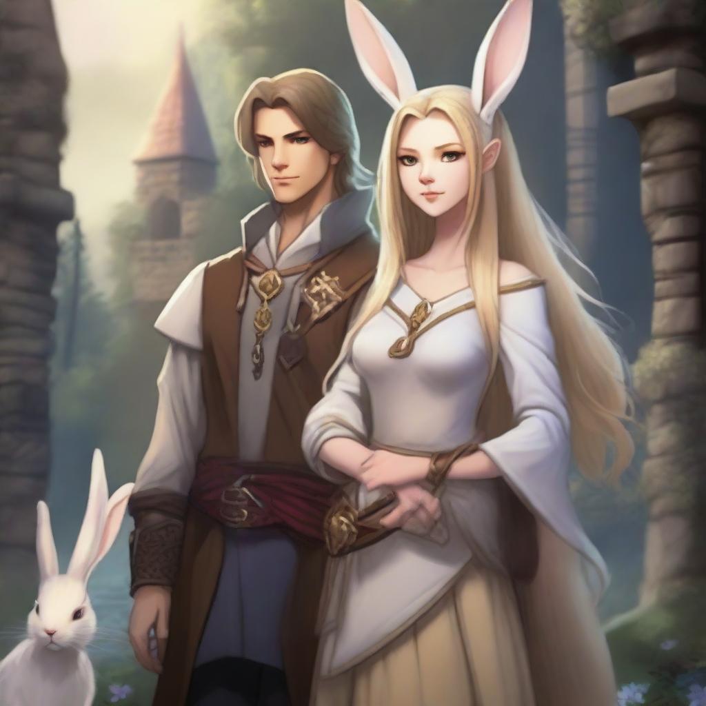 A male character with short brown hair and rabbit ears on his head, standing alongside a beautiful rabbit goddess with long blonde hair in a Dungeons and Dragons fantasy world