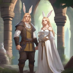 A male character with short brown hair and rabbit ears on his head, standing alongside a beautiful rabbit goddess with long blonde hair in a Dungeons and Dragons fantasy world