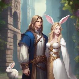 A male character with short brown hair and rabbit ears on his head, standing alongside a beautiful rabbit goddess with long blonde hair in a Dungeons and Dragons fantasy world