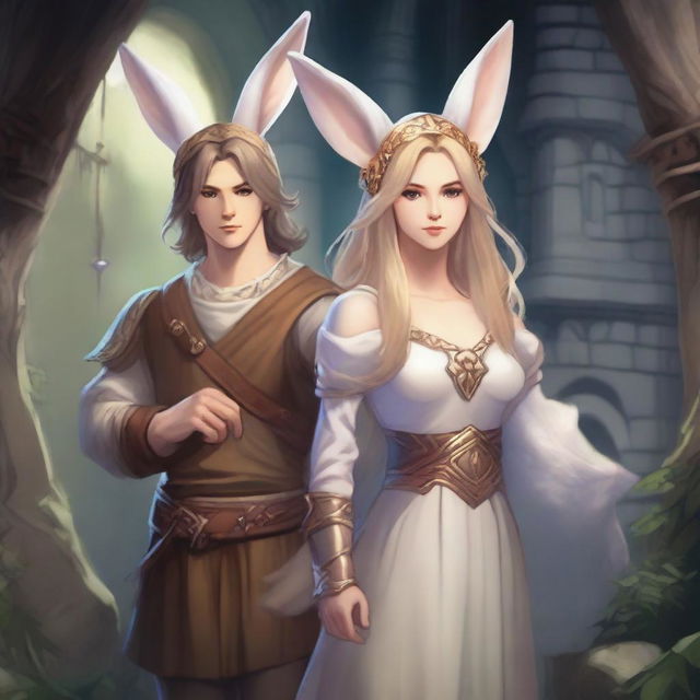 A male character with short brown hair and rabbit ears on his head, standing alongside a beautiful rabbit goddess with long blonde hair in a Dungeons and Dragons fantasy world