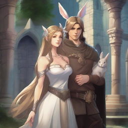 A male character with short brown hair and rabbit ears on his head, standing alongside a beautiful rabbit goddess with long blonde hair in a Dungeons and Dragons fantasy world