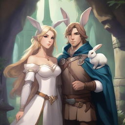 A male character with short brown hair and rabbit ears on his head, standing alongside a beautiful rabbit goddess with long blonde hair in a Dungeons and Dragons fantasy world