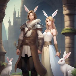 A male character with short brown hair and rabbit ears on his head, standing alongside a beautiful rabbit goddess with long blonde hair in a Dungeons and Dragons fantasy world