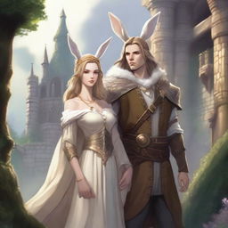 A male character with short brown hair and rabbit ears on his head, standing alongside a beautiful rabbit goddess with long blonde hair in a Dungeons and Dragons fantasy world