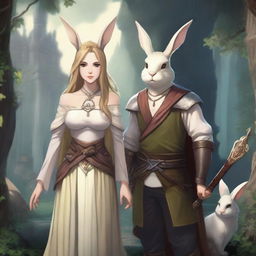 A male character with short brown hair and rabbit ears on his head, standing alongside a beautiful rabbit goddess with long blonde hair in a Dungeons and Dragons fantasy world