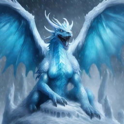 A fierce ice dragon named Snowstorm sits on an icicle throne