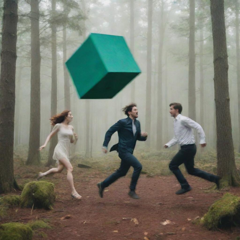 An exhausted couple, scattered clothing in the background, frantically running away from a surreal, hovering cube in a dense forest