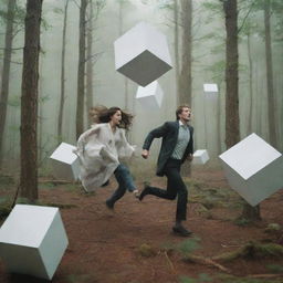 An exhausted couple, scattered clothing in the background, frantically running away from a surreal, hovering cube in a dense forest