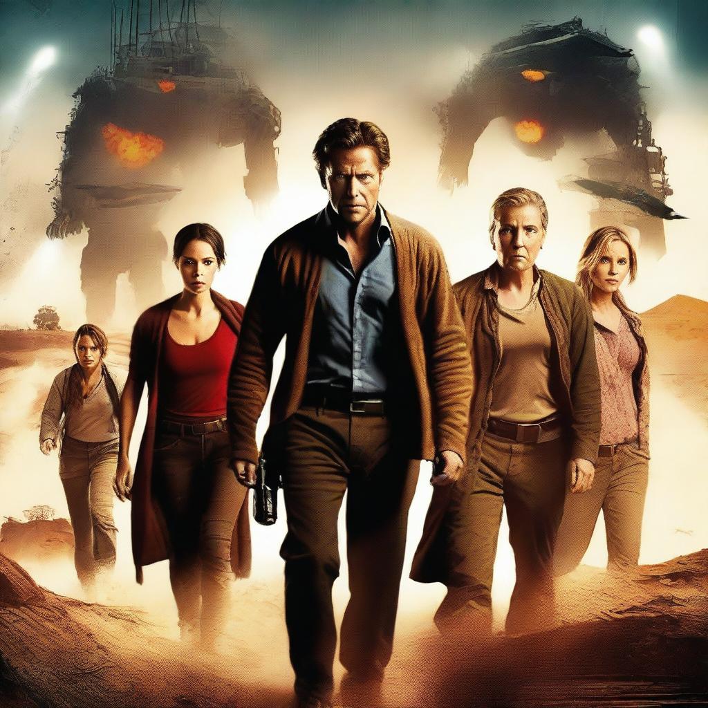 Create a captivating movie poster featuring a dynamic scene with the main characters in action