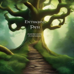 Create a book cover featuring a mystical forest with towering ancient trees, a winding path leading to a hidden castle in the distance, and a sense of magical enchantment