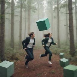 An exhausted couple, scattered clothing in the background, frantically running away from a surreal, hovering cube in a dense forest