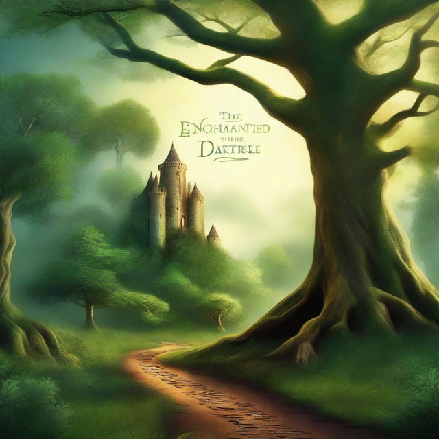 Create a book cover featuring a mystical forest with towering ancient trees, a winding path leading to a hidden castle in the distance, and a sense of magical enchantment