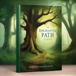 Create a book cover featuring a mystical forest with towering ancient trees, a winding path leading to a hidden castle in the distance, and a sense of magical enchantment