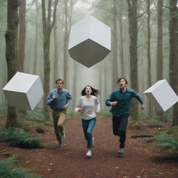 An exhausted couple, scattered clothing in the background, frantically running away from a surreal, hovering cube in a dense forest