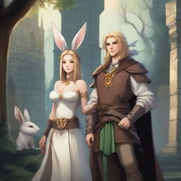 A male character with short brown hair and rabbit ears on his head, standing alongside a beautiful rabbit goddess with long blonde hair in a Dungeons and Dragons fantasy world