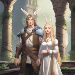 A male character with short brown hair and rabbit ears on his head, standing alongside a beautiful rabbit goddess with long blonde hair in a Dungeons and Dragons fantasy world