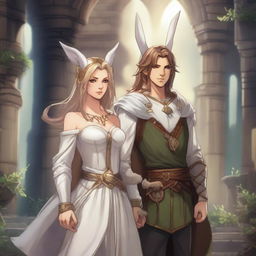 A male character with short brown hair and rabbit ears on his head, standing alongside a beautiful rabbit goddess with long blonde hair in a Dungeons and Dragons fantasy world