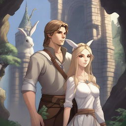 A male character with short brown hair and rabbit ears on his head, standing alongside a beautiful rabbit goddess with long blonde hair in a Dungeons and Dragons fantasy world