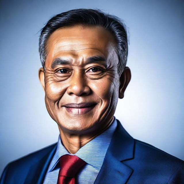 Create an ultra high-definition, realistic photoshoot image of a 50-year-old Indonesian man