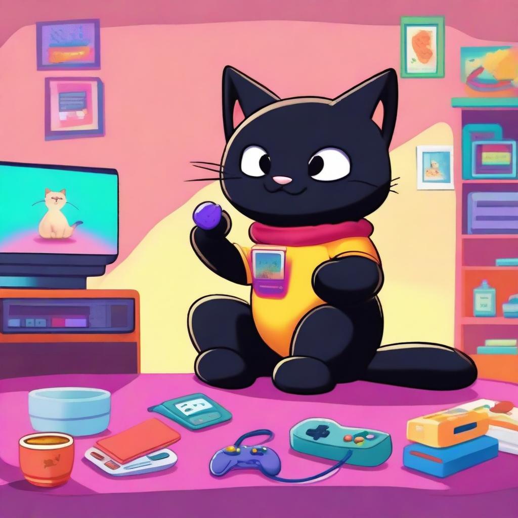 A black cartoon kitty playing a video game