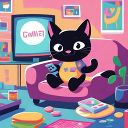 A black cartoon kitty playing a video game