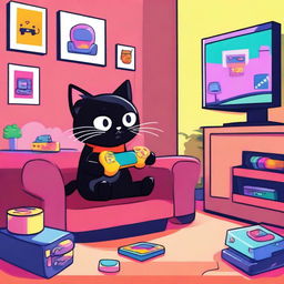 A black cartoon kitty playing a video game