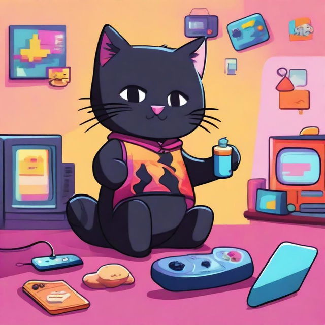 A black cartoon kitty playing a video game