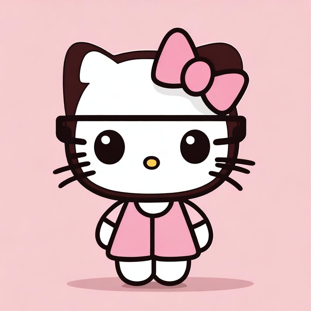 A cute illustration of Hello Kitty in pink with big innocent eyes, brown hair, and glasses