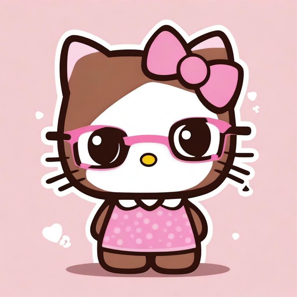 A cute illustration of Hello Kitty in pink with big innocent eyes, brown hair, and glasses