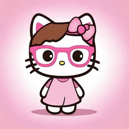 A cute illustration of Hello Kitty in pink with big innocent eyes, brown hair, and glasses