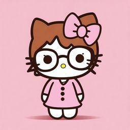 A cute illustration of Hello Kitty in pink with big innocent eyes, brown hair, and glasses