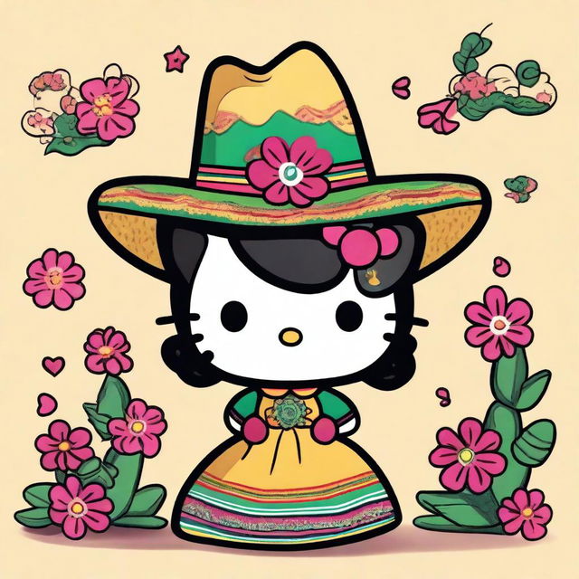 A charming illustration of Hello Kitty with a Mexican twist