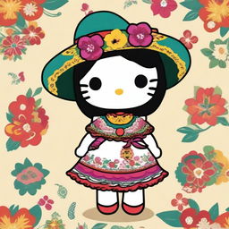 A charming illustration of Hello Kitty with a Mexican twist