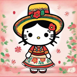 A charming illustration of Hello Kitty with a Mexican twist